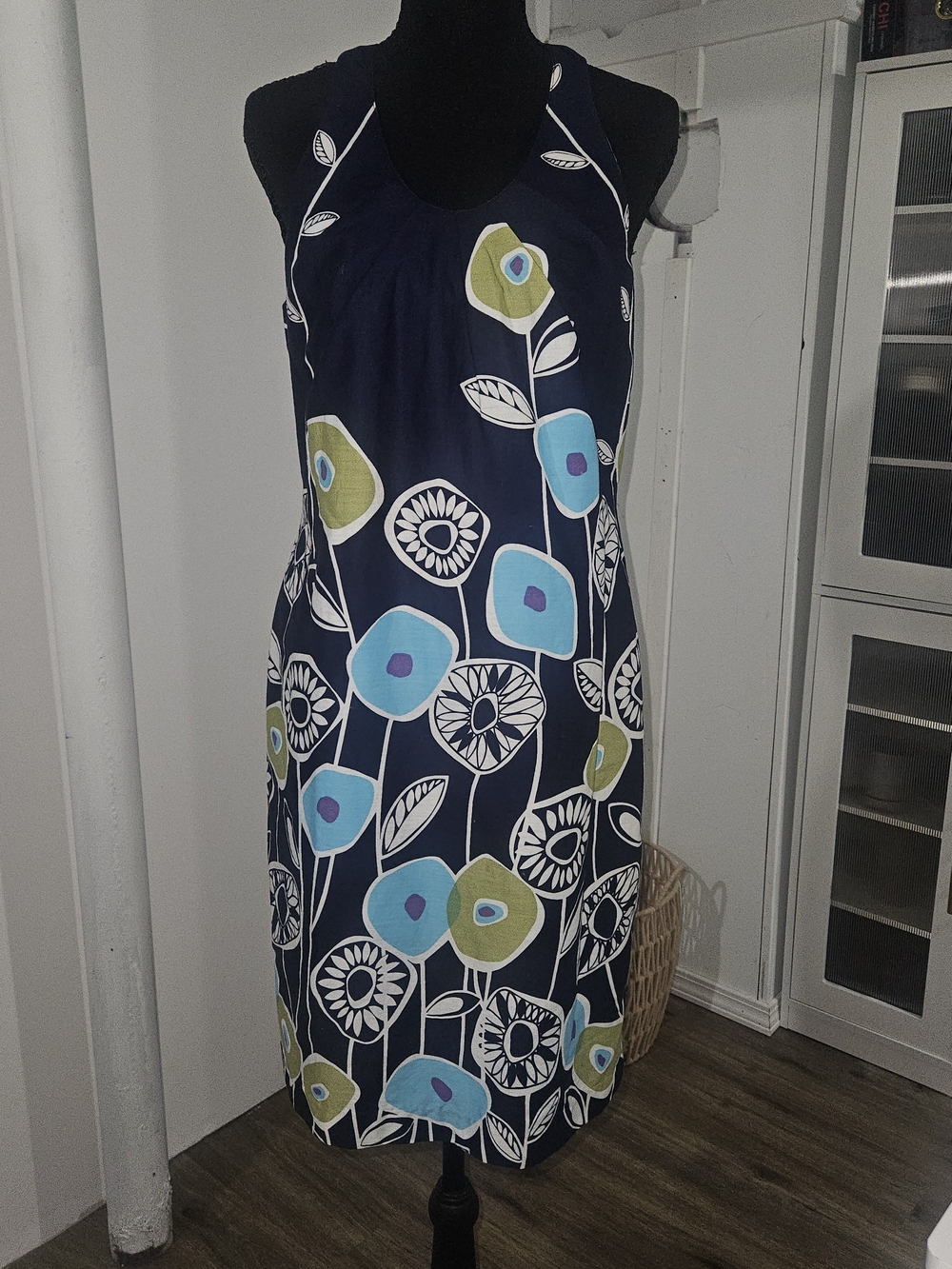 Navy Floral Midi Dress with Blue & Green Blooms